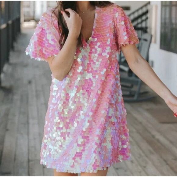 EUC Buddy Love Pink Iridescent Sequin Taya Dress- Large- Short Sleeve - Picture 3 of 3